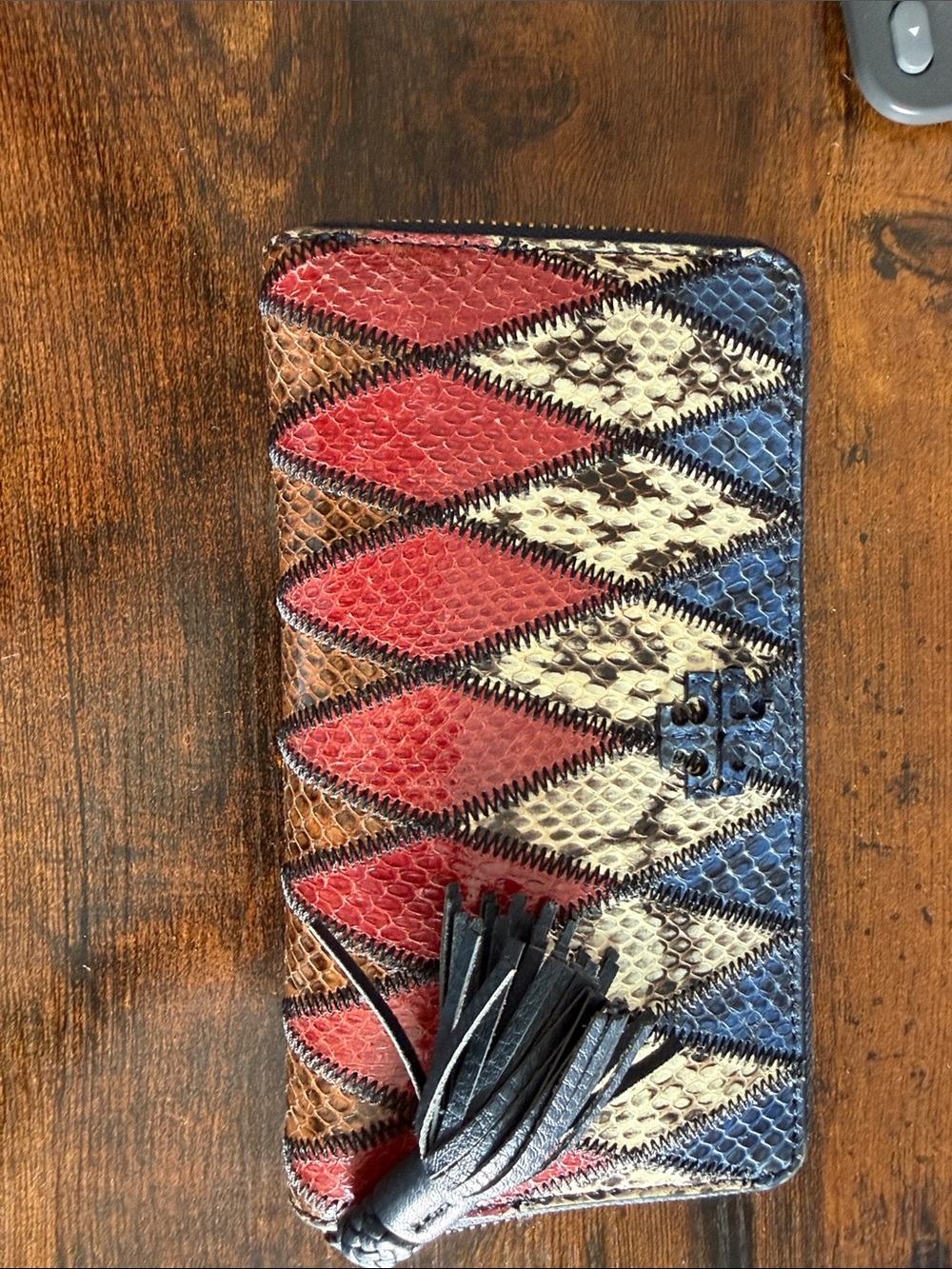 Tory Burch Red Blue Cream Brown Snake-Embossed Zip Wallet with Tassel
